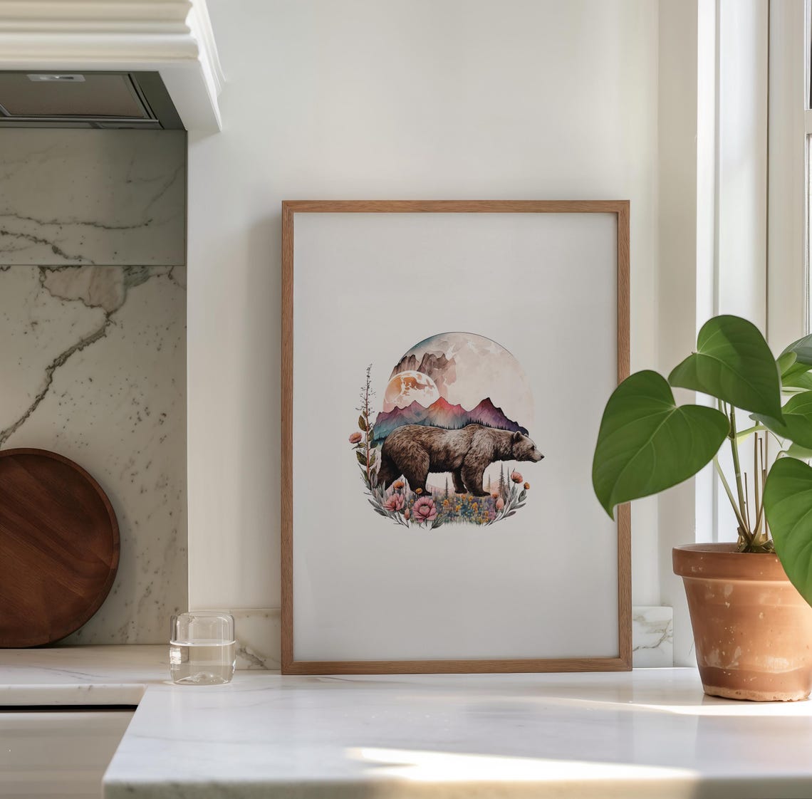 Brown Bear Walking Beneath Mountains in a Round Botanical Scene Print - Image 3