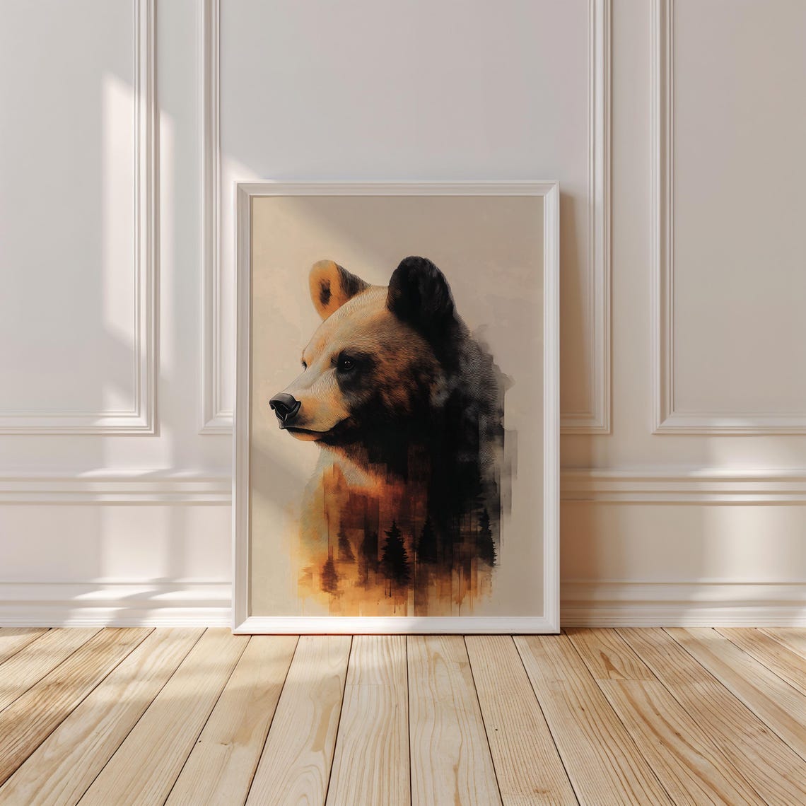 Watercolor Bear Head Double Exposure With Autumn Pine Forest Wall Art