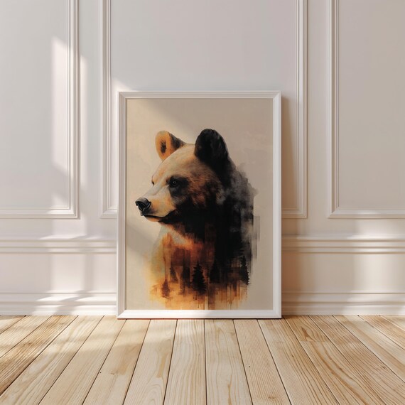 Watercolor Bear Head Double Exposure With Autumn Pine Forest Wall Art