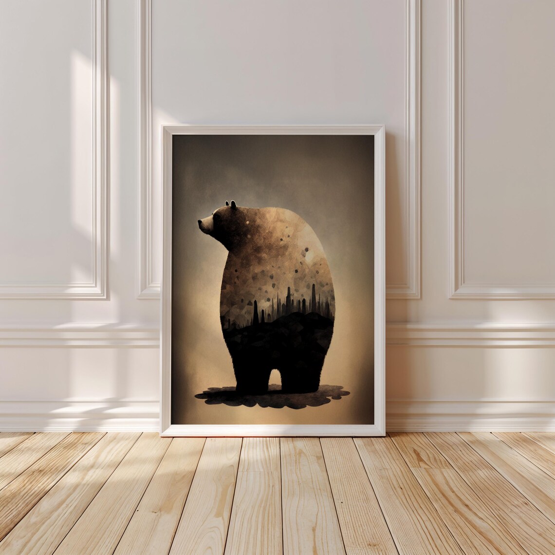 Standing Bear Silhouette Filled With a City Skyline Double Exposure Poster