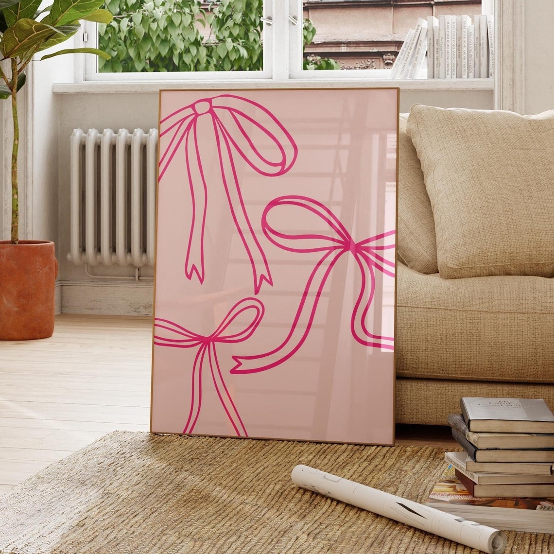 Pink Line Drawn Ribbon Bows Minimalist Coquette Feminine Poster