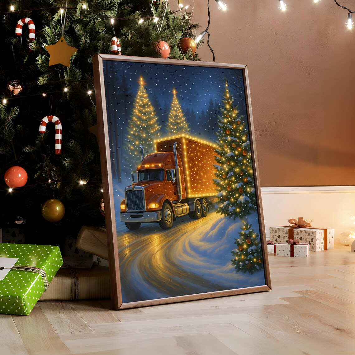 Santa's Lighted Truck Hauling Christmas Trees Snowy Night Poster