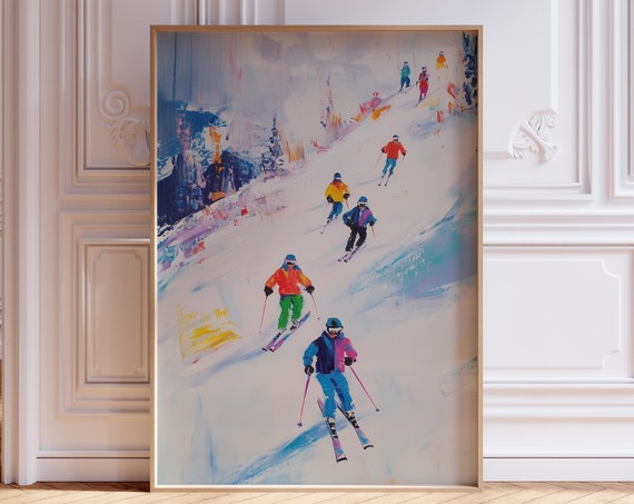 Retro Ski Poster Vintage Blue Print Mini Skier Skiing Snowy Mountain