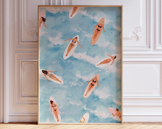 Surfing Girls Aerial Ocean Pattern Poster Beachy Coastal Wall Decor