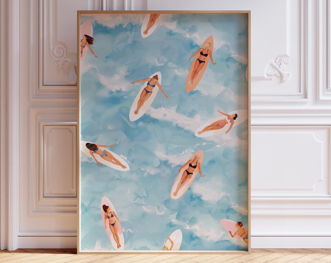 Surfing Girls Aerial Ocean Pattern Poster Beachy Coastal Wall Decor