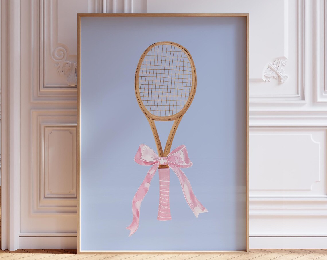 Vintage Wooden Tennis Racket Pink Bow Coquette Preppy Wall Art