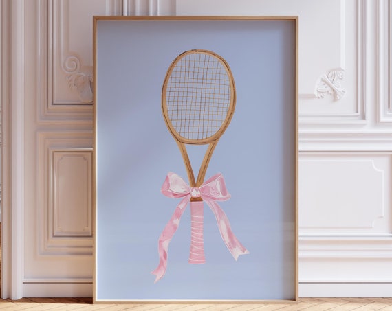 Tennis Racket With Bow Print Coquette Sports Poster Pink Ribbon Preppy Blue Watercolor