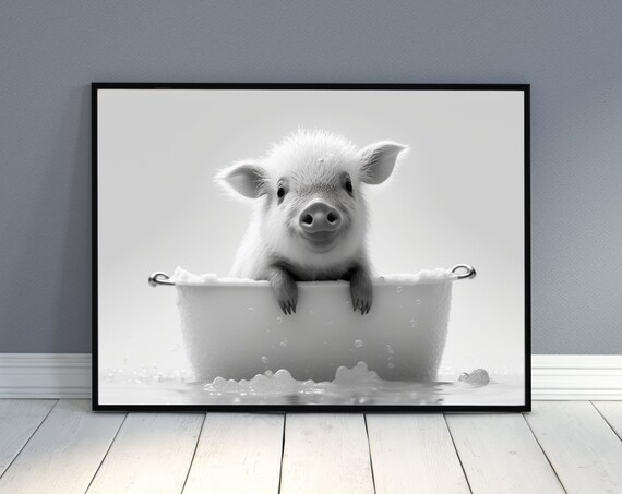 Baby Piglet Bubble Bath Black White Cute Funny Bathroom Animal Poster