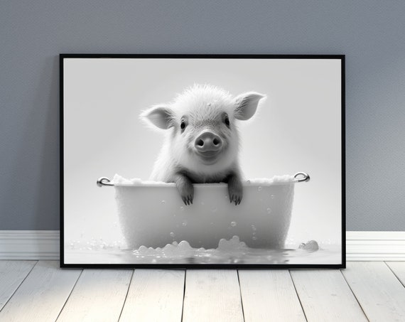 Pig In Bathroom Children Wall Art Toddler Decor Funny Animal Animals Bathtub Farm Nursery
