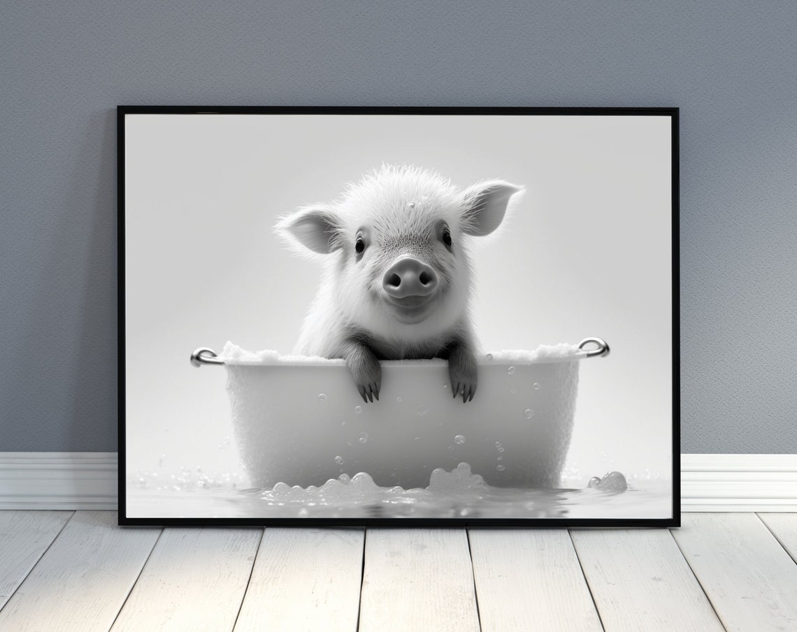 Baby Piglet Bubble Bath Black White Cute Funny Bathroom Animal Poster