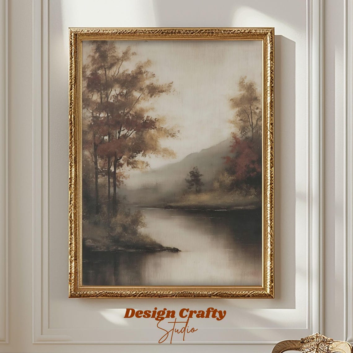 Misty Autumn Lake Vintage Landscape Painting Rustic Fall Forest Poster