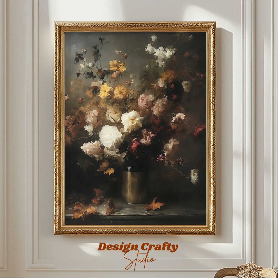 Moody Autumn Floral Still Life Brass Vase Vintage Botanical Art Print