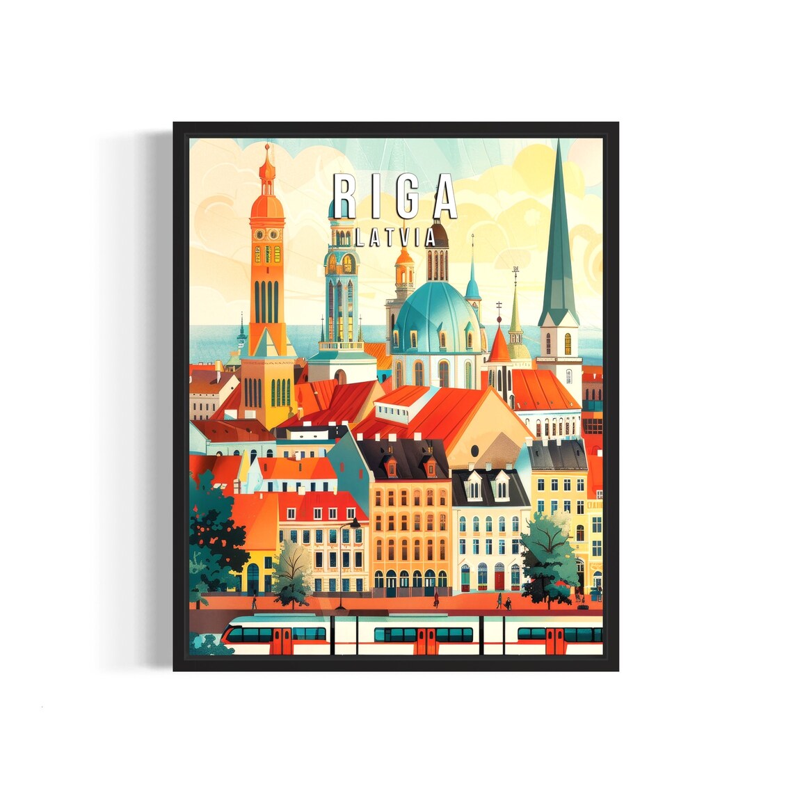 Riga Latvia Old Town Church Spires Tram Vintage Retro Travel Poster