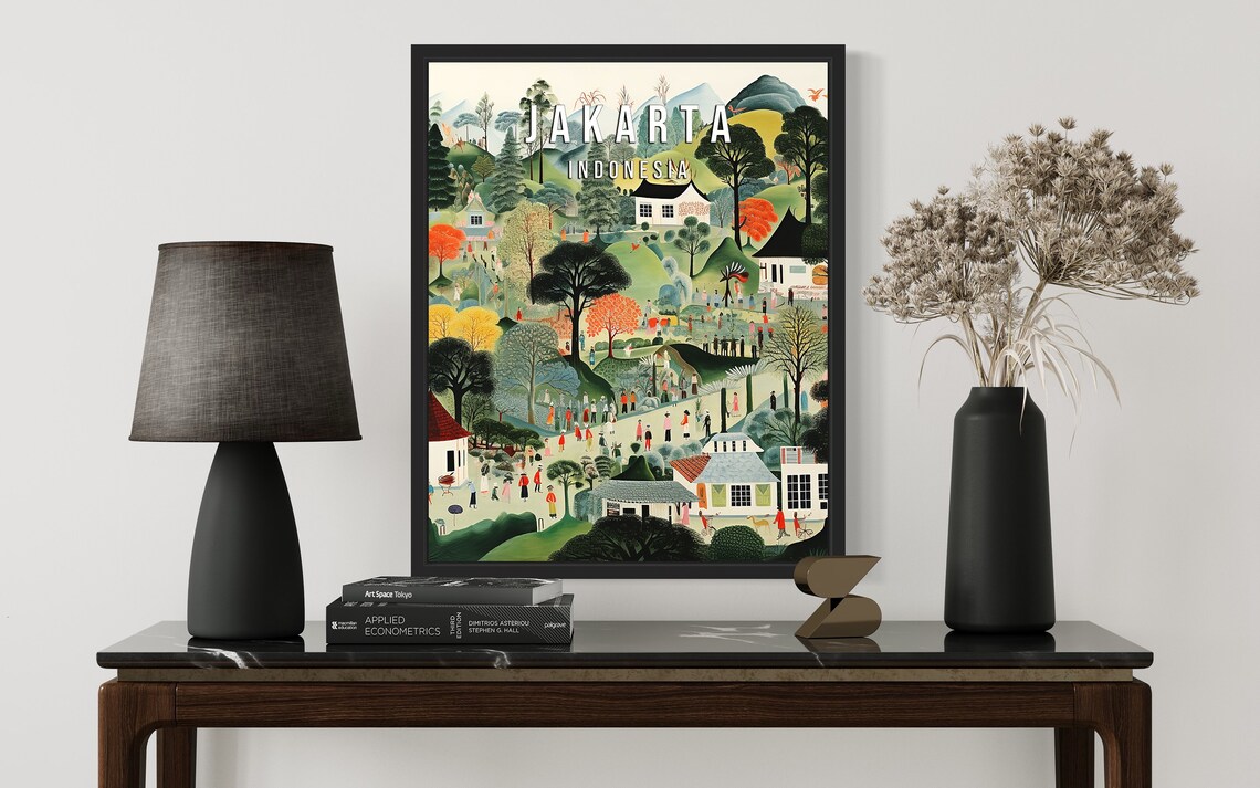 Jakarta Indonesia Village Folk Art Scene Vintage Travel Poster - Image 3