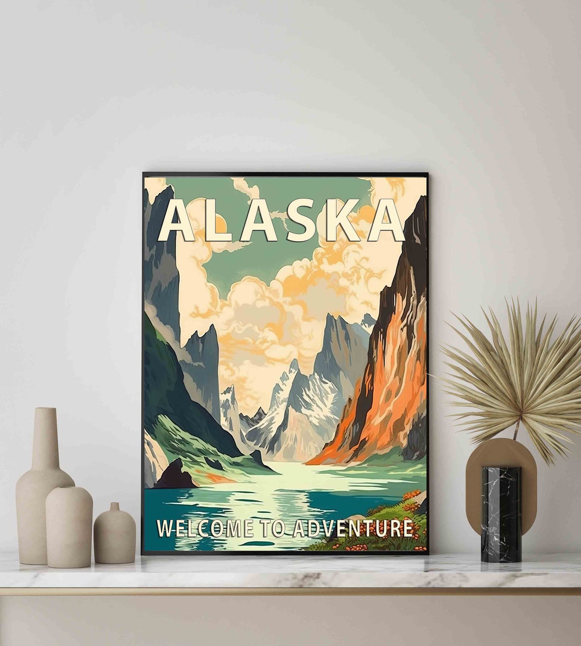 Alaska Wilderness Adventure Retro Fjord Between Towering Peaks Poster - Image 3
