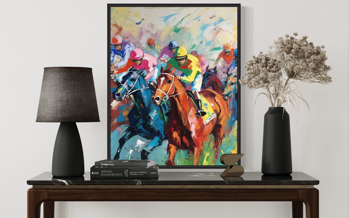 Horse Racing Abstract Painting Jockeys Racing On Canvas Sports Poster - Image 2