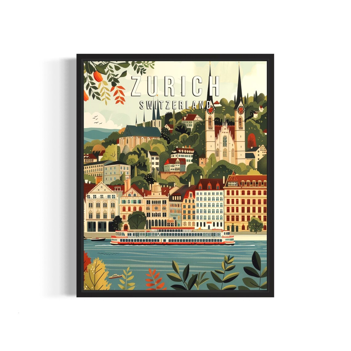 Zurich Switzerland Old Town River Boat Vintage Travel Poster