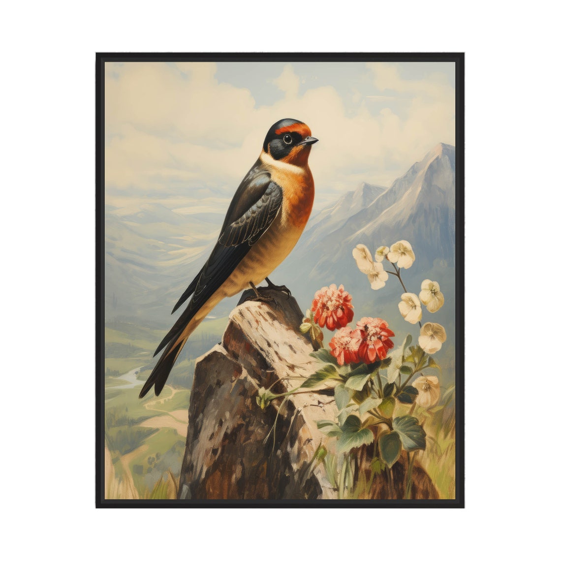 Cliff Swallow on a Rocky Perch With Mountain Wildflowers Bird Poster