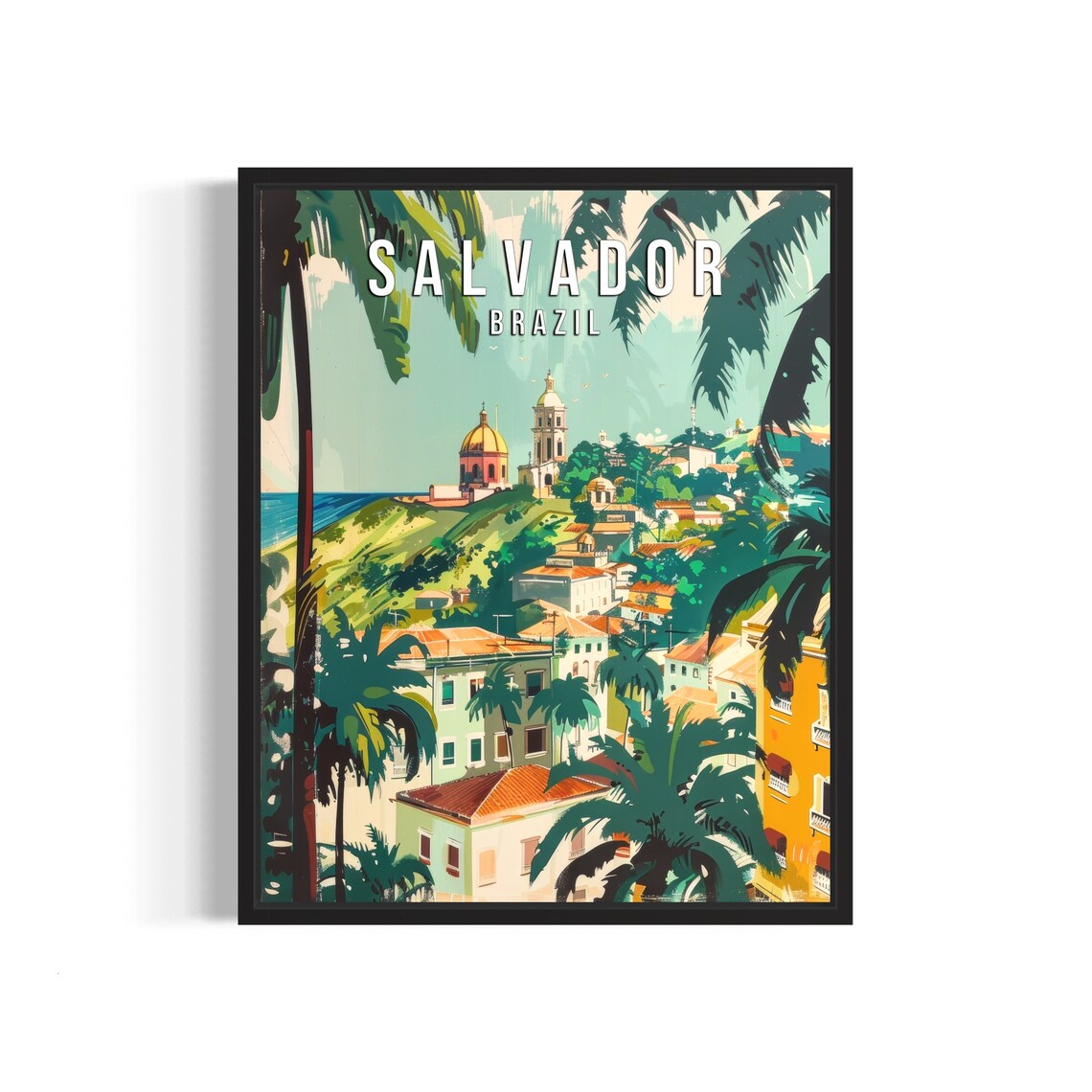 Salvador Brazil Colonial Hillside Churches Palm Trees Travel Poster