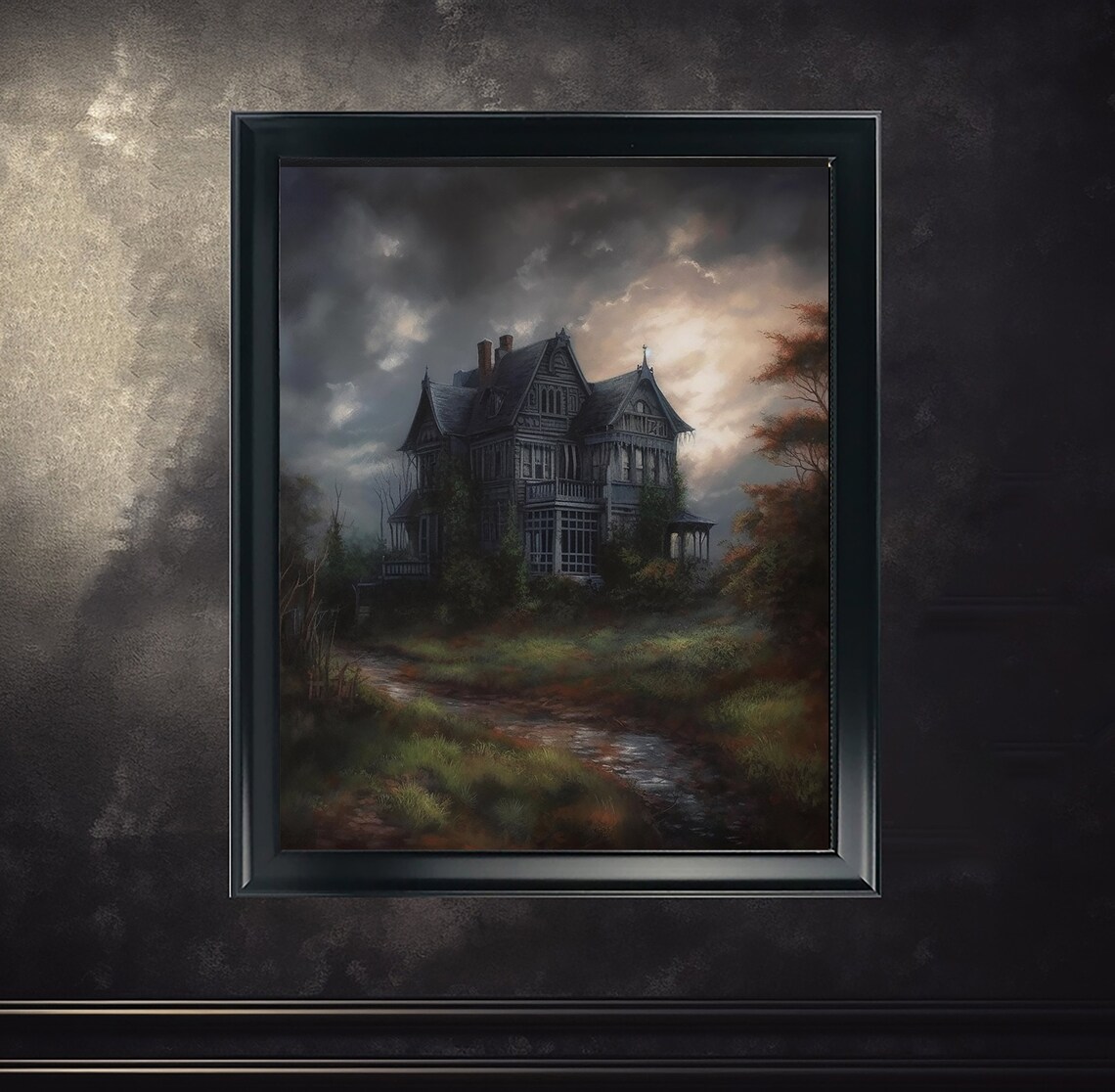 Haunted Victorian House Under Storm Clouds Moody Gothic Art Print - Image 3