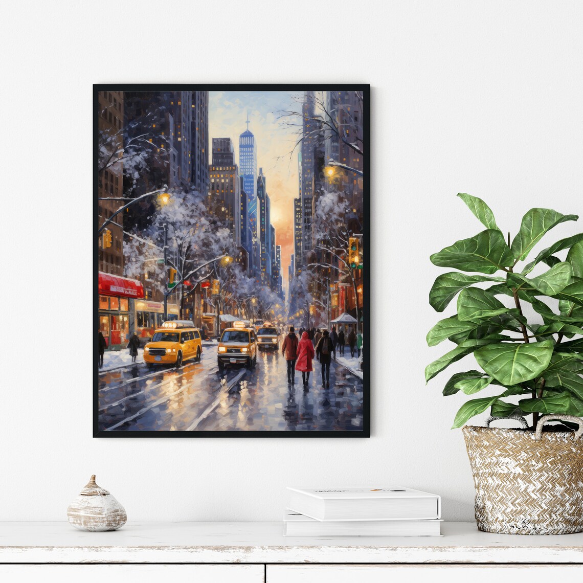 Snowy New York City Street Scene Yellow Taxis Winter Evening Poster - Image 3