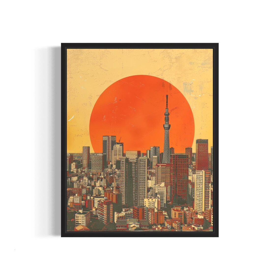 Tokyo Japan Skyline Skytree Red Rising Sun Retro Travel Poster