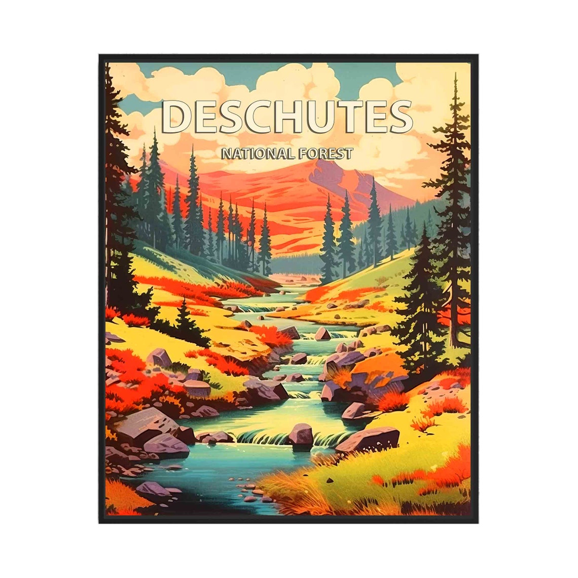 Deschutes National Forest Retro Mountain Stream Travel Poster