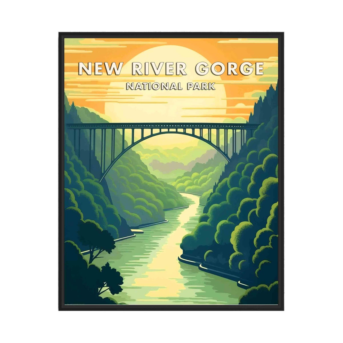 New River Gorge National Park Steel Bridge Sunset Retro Poster