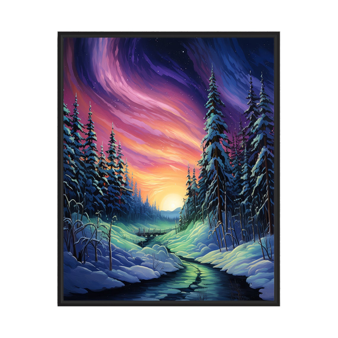 Aurora Borealis Over Snowy Pine Valley Starry Winter Night Poster