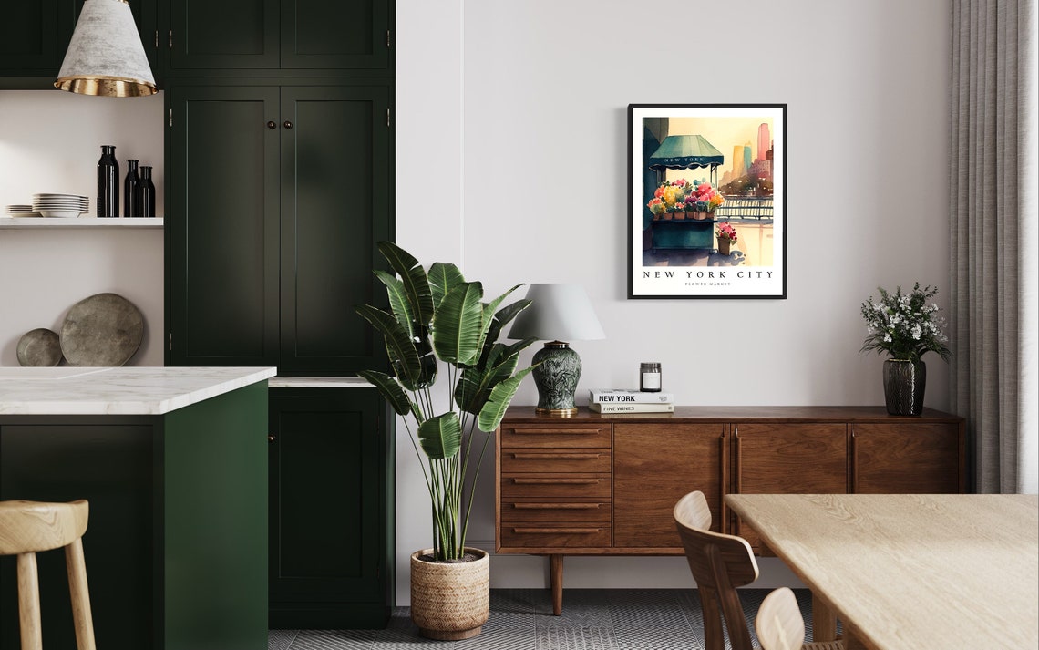 New York City Flower Market Watercolor Painting New York City Botanical Skyline Background Wall Art Poster Print - Image 3