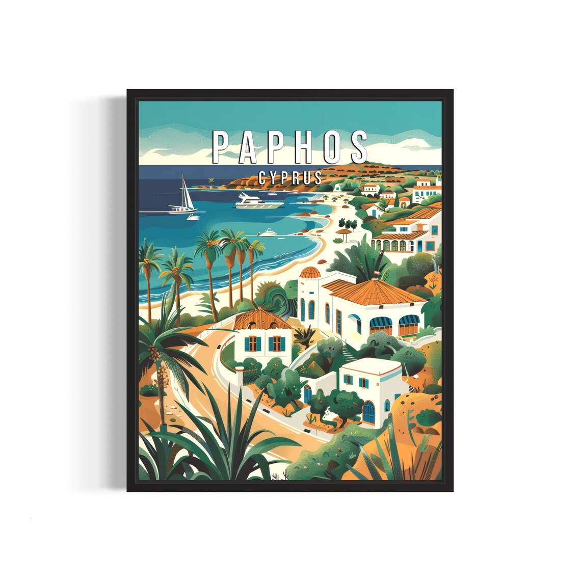 Paphos Cyprus Coastal Resort Bay With Palm Trees Vintage Travel Poster