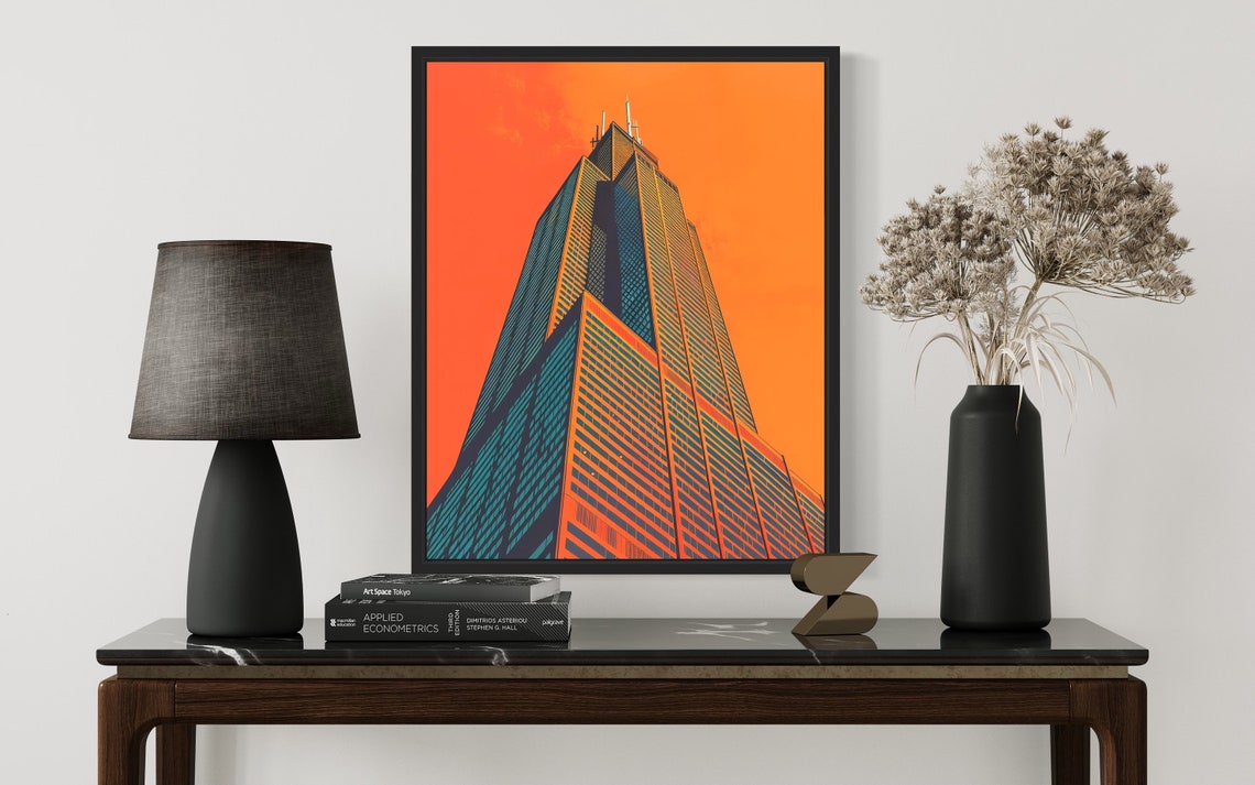 Willis Tower Chicago Skyscraper Against Orange Sunset Art Print - Image 3