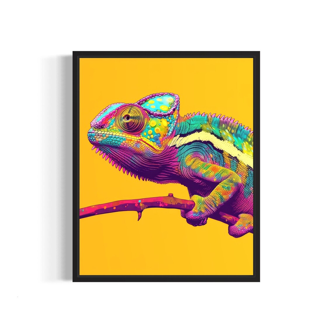 Rainbow Chameleon Pop Art Neon Yellow Background Animal Poster