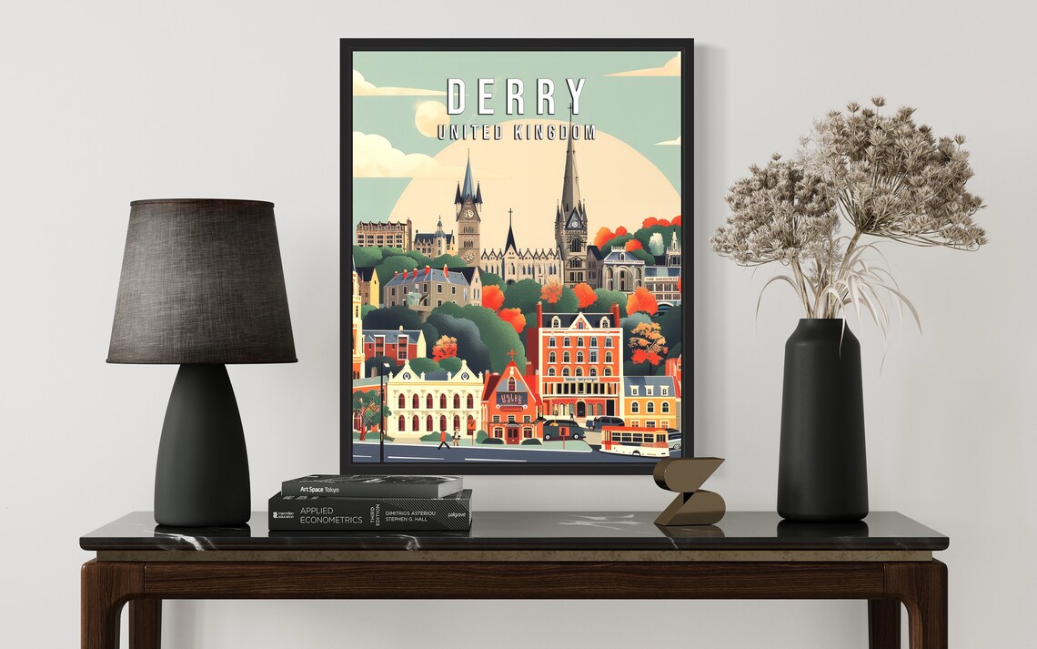 Derry United Kingdom Autumn Historic Town Churches Art Poster - Image 2