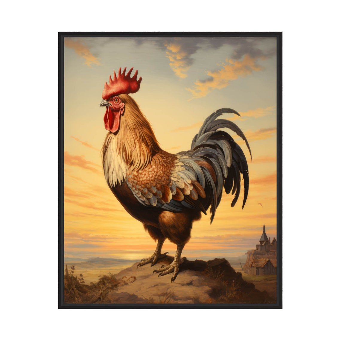Golden Leghorn Rooster Crowing At Sunset Over The Valley Poster