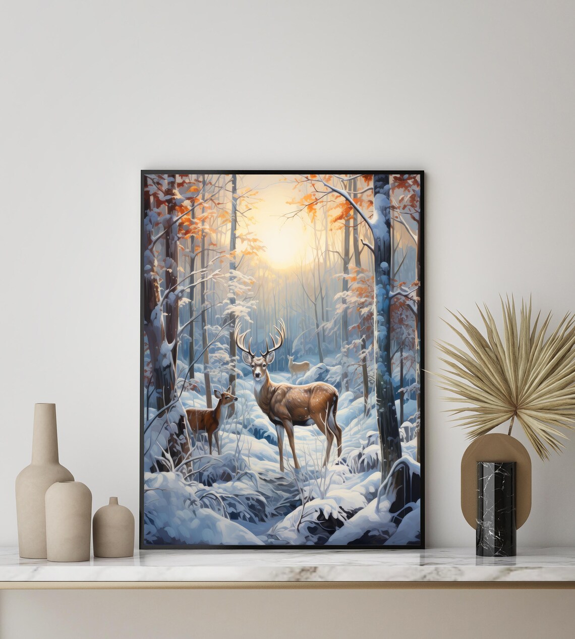 Deer Family in Snowy Winter Forest Sunrise Holiday Art Poster - Image 2