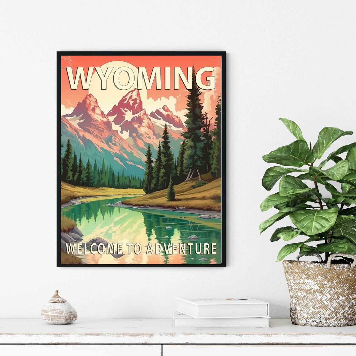 Wyoming Retro Mountain Lake Sunset Welcome Adventure Travel Poster - Image 3