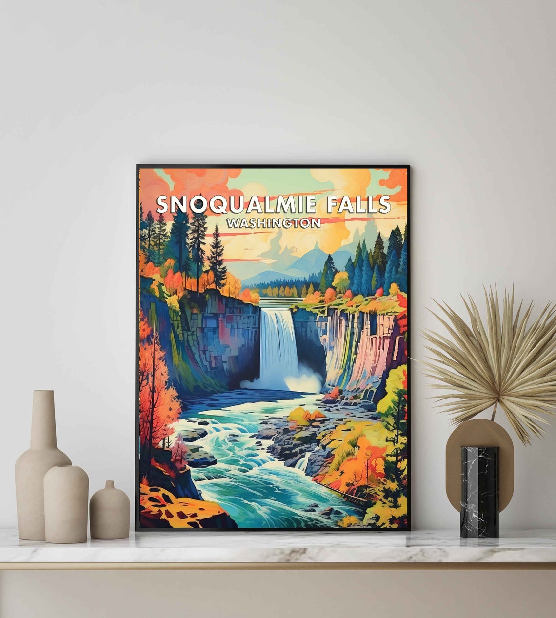 Snoqualmie Falls Washington Retro Autumn Waterfall Travel Poster Art - Image 2