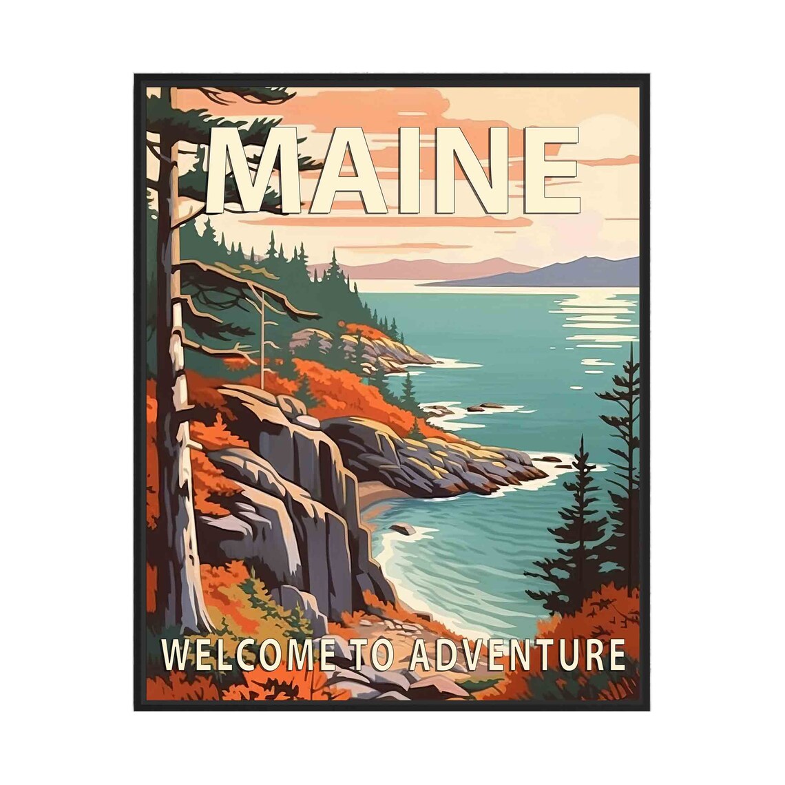 Maine Welcome To Adventure Vintage Travel Poster Rugged Coast Cliffs
