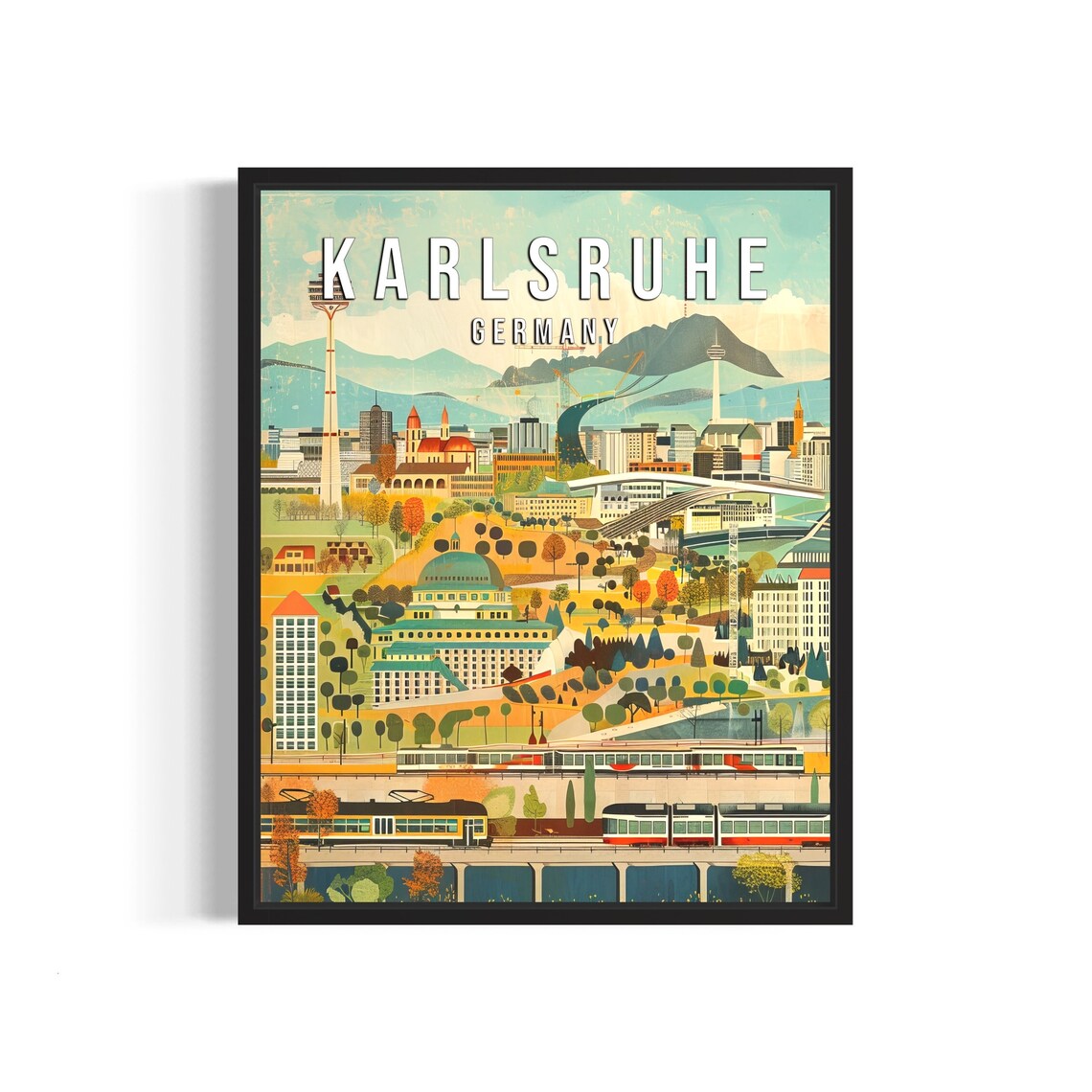 Karlsruhe Germany Castle Garden City Trams Illustrated Poster