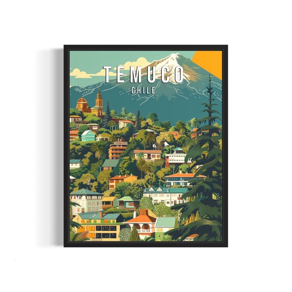 Temuco Chile Vintage Travel Poster with Volcano Mountain City View