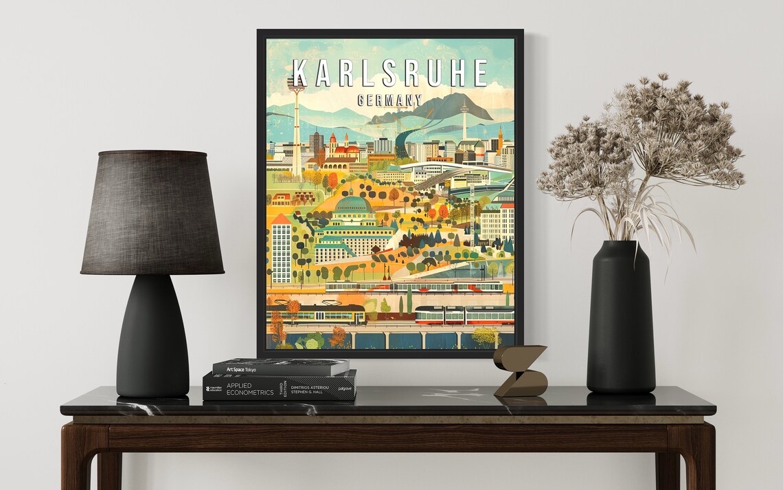 Karlsruhe Germany Castle Garden City Trams Illustrated Poster - Image 2