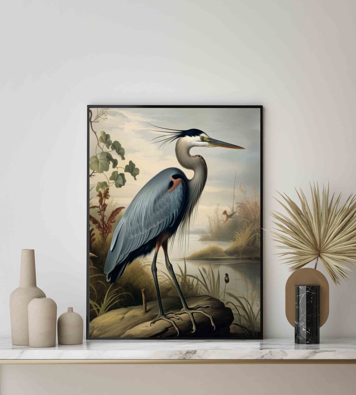 Blue Heron Wading in a Marsh in a Vintage Style Nature Poster - Image 2