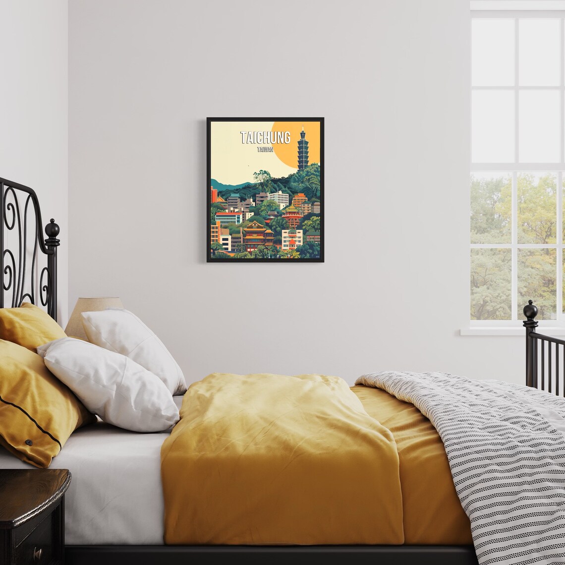 Taichung Taiwan Pagoda Sunset Skyline Retro City Travel Poster - Image 3