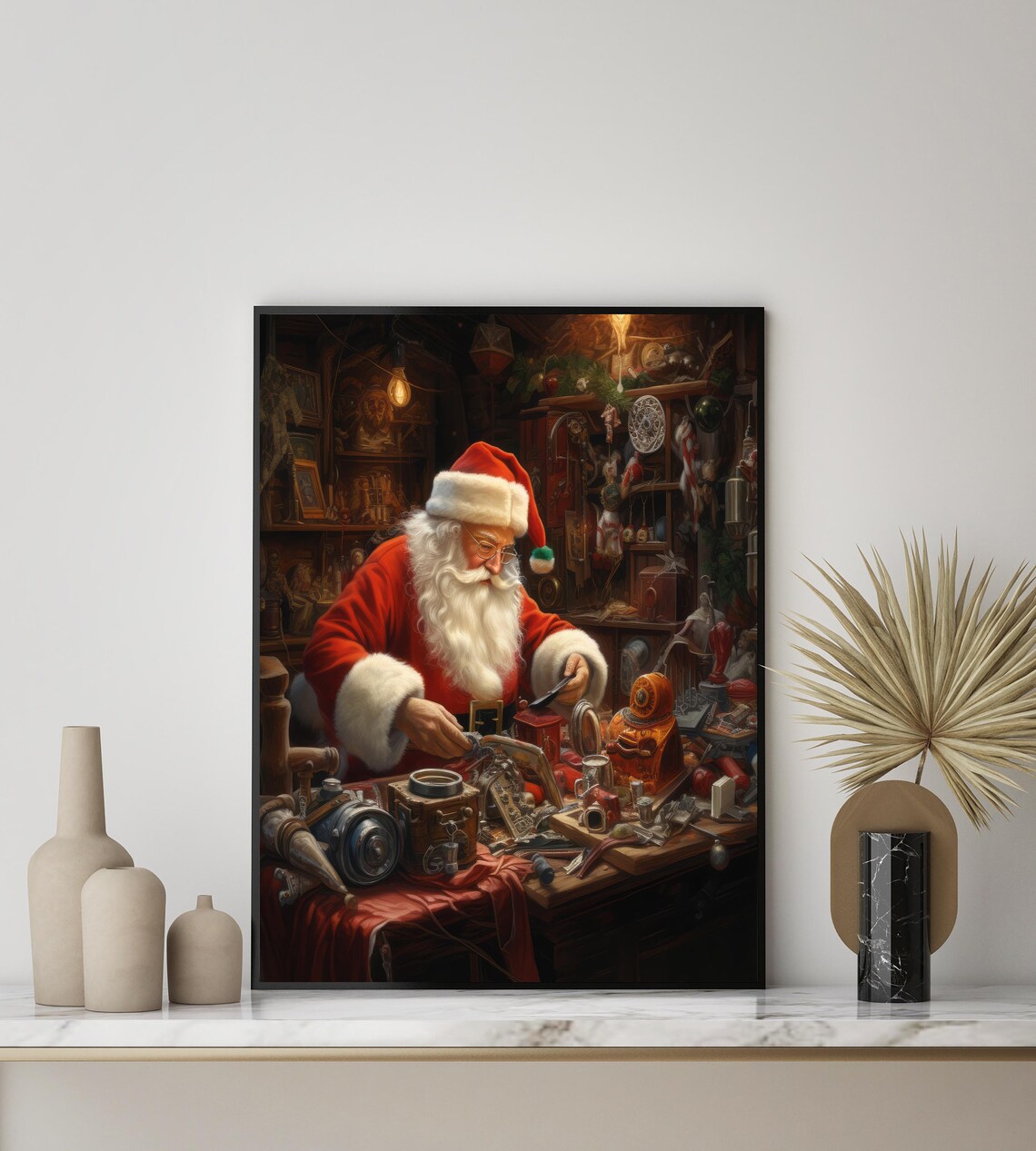 Santa Claus in His Workshop Poster Painting Toys for Christmas - Image 2