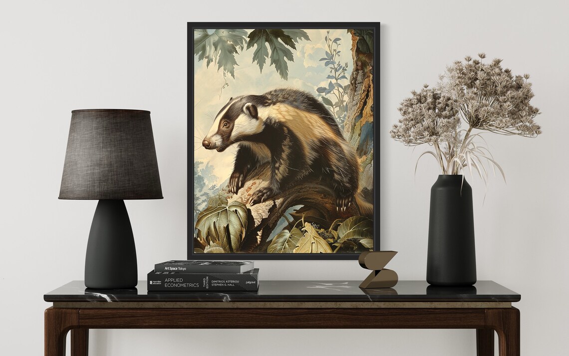 Vintage European Badger On Fallen Log Woodland Nature Art Poster - Image 3