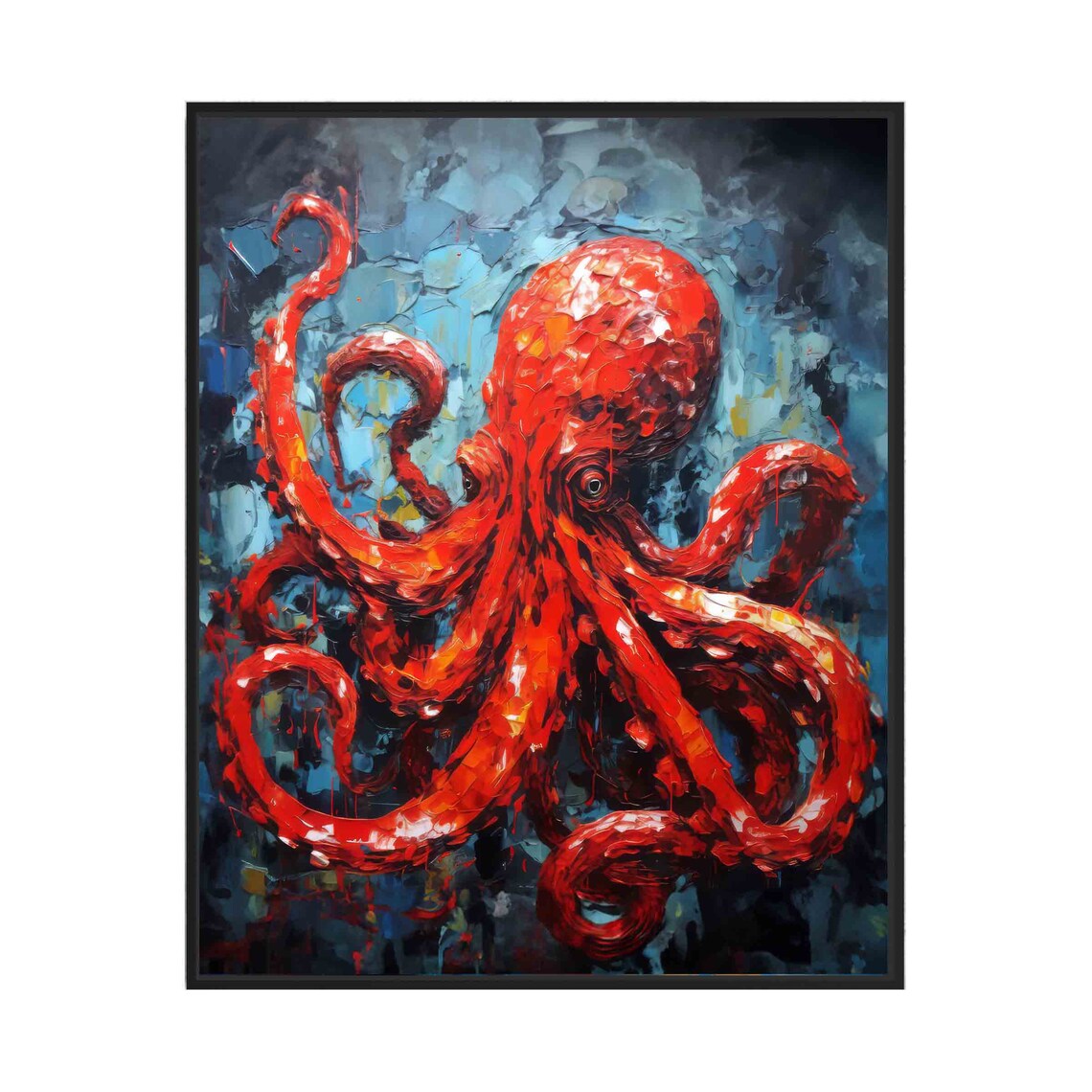 Red Octopus Abstract Sea Creature Bold Oil Painting Wall Art