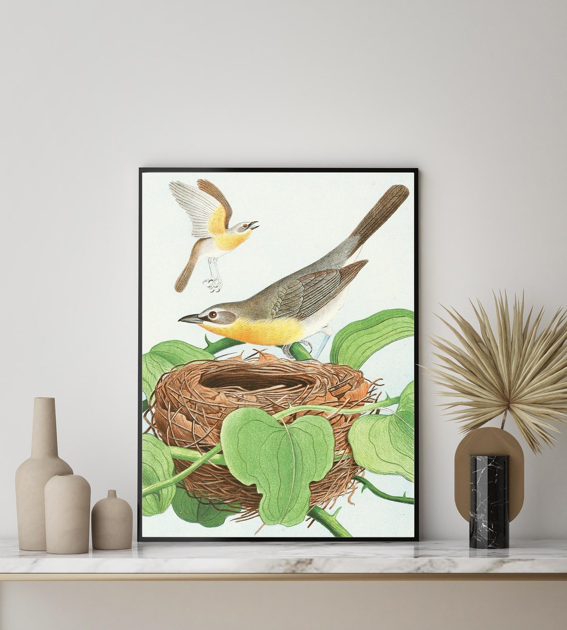 Yellow-Breasted Chat Birds at Nest Vintage Naturalist Wall Art - Image 3