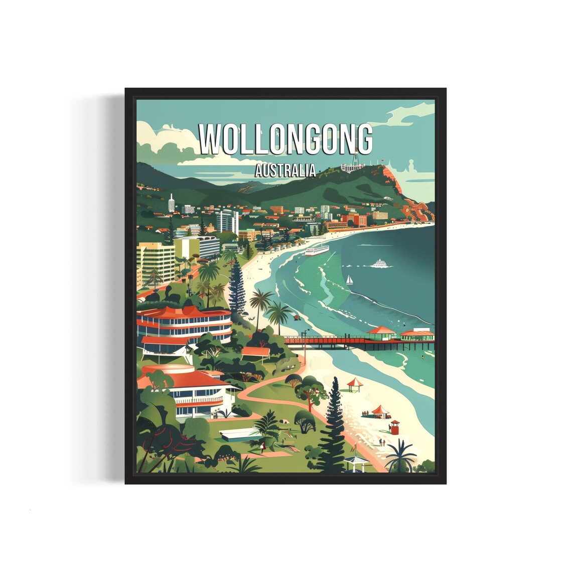 Wollongong Australia Coastal Beach City Retro Travel Poster Art