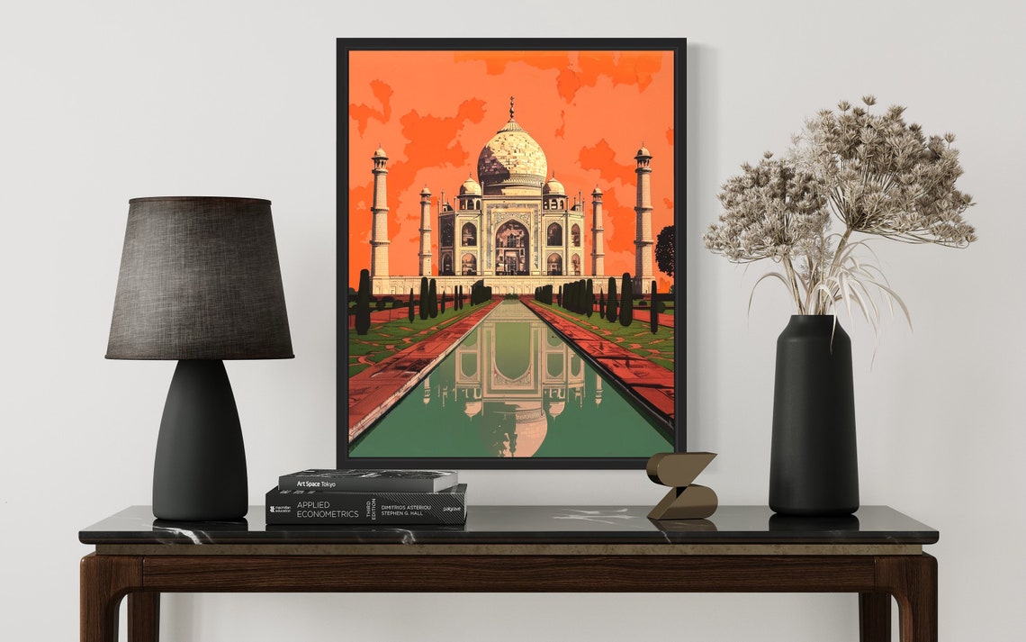 Taj Mahal Sunset Poster with Reflecting Pool in Orange Tones - Image 3